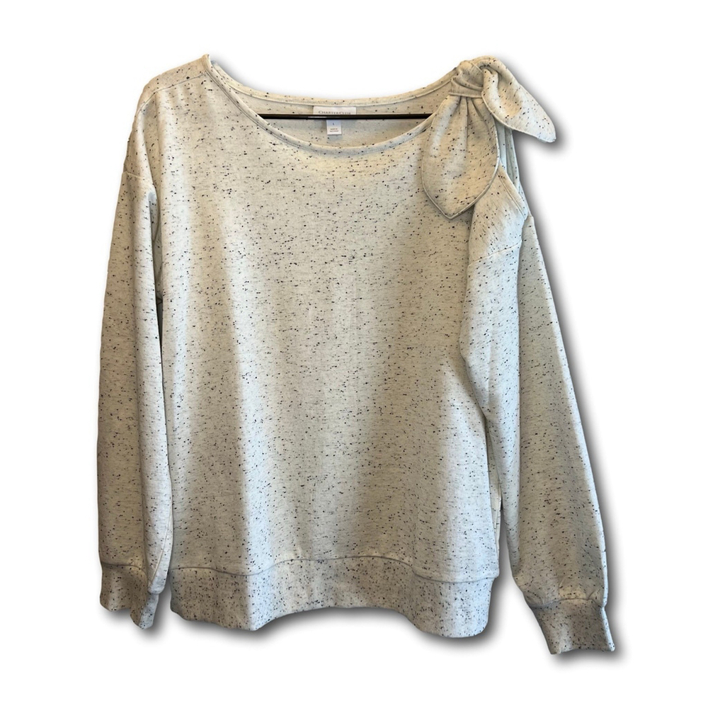 Charter Club Woman’s Top Blouse Long Sleeve White Gray Open Shoulder Bow Size L